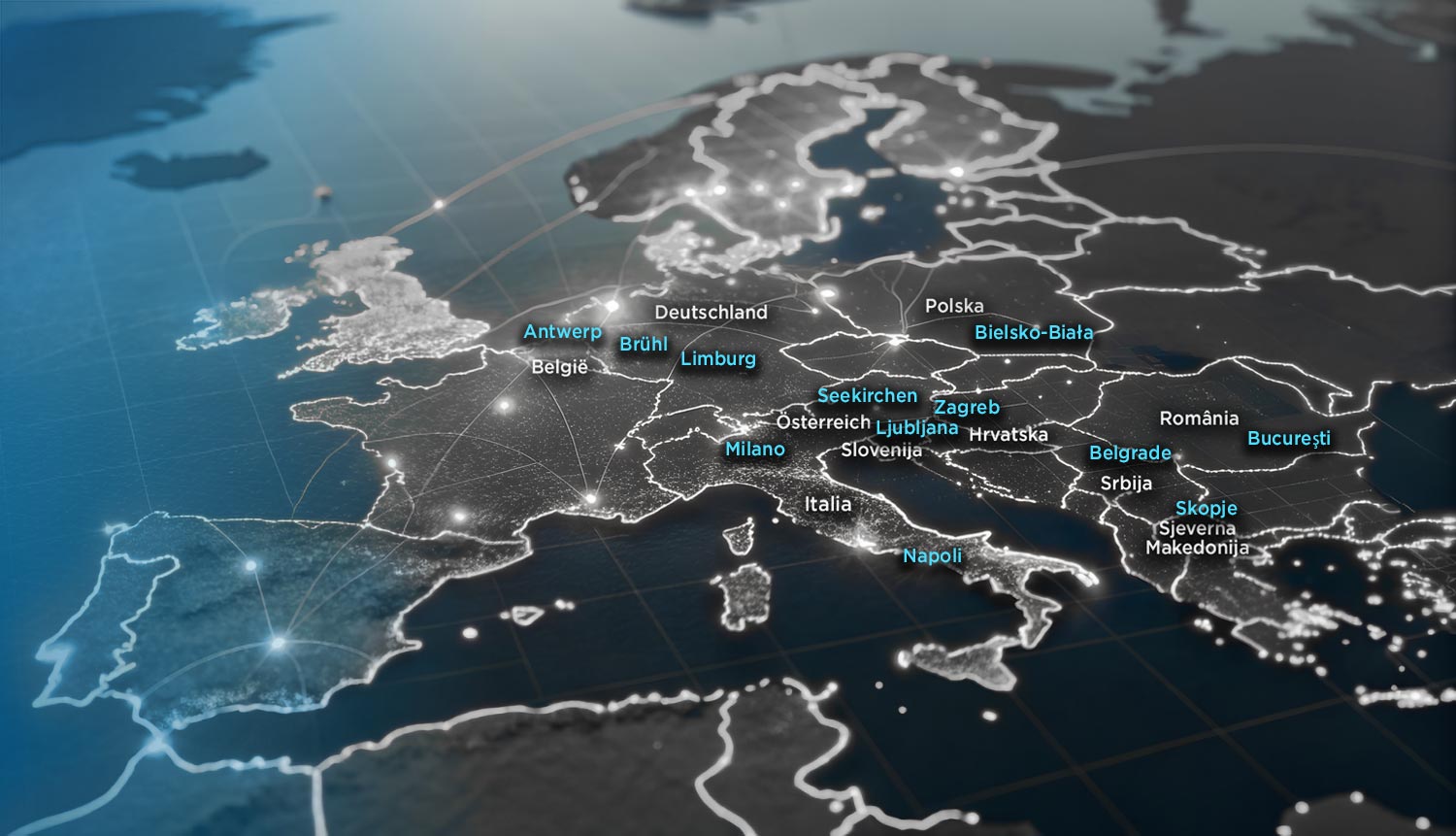 Europakarte mit markierten Standorten: Antwerpen (Belgien / België / Belgium), Belgrade (Serbien / Srbija / Serbia), Bielsko-Biała (Polen / Polska / Poland), Brühl (Deutschland / Germany), București (Rumänien / România / Romania), Ljubljana (Slowenien / Slovenija / Slovenia), Limburg (Deutschland / Germany), Milano (Italien / Italia / Italy), Napoli (Italien / Italia / Italy), Seekirchen (Österreich / Austria), Skopje (Nordmazedonien / Sjeverna Makedonija / North Macedonia) und Zagreb (Kroatien / Hrvatska / Croatia).